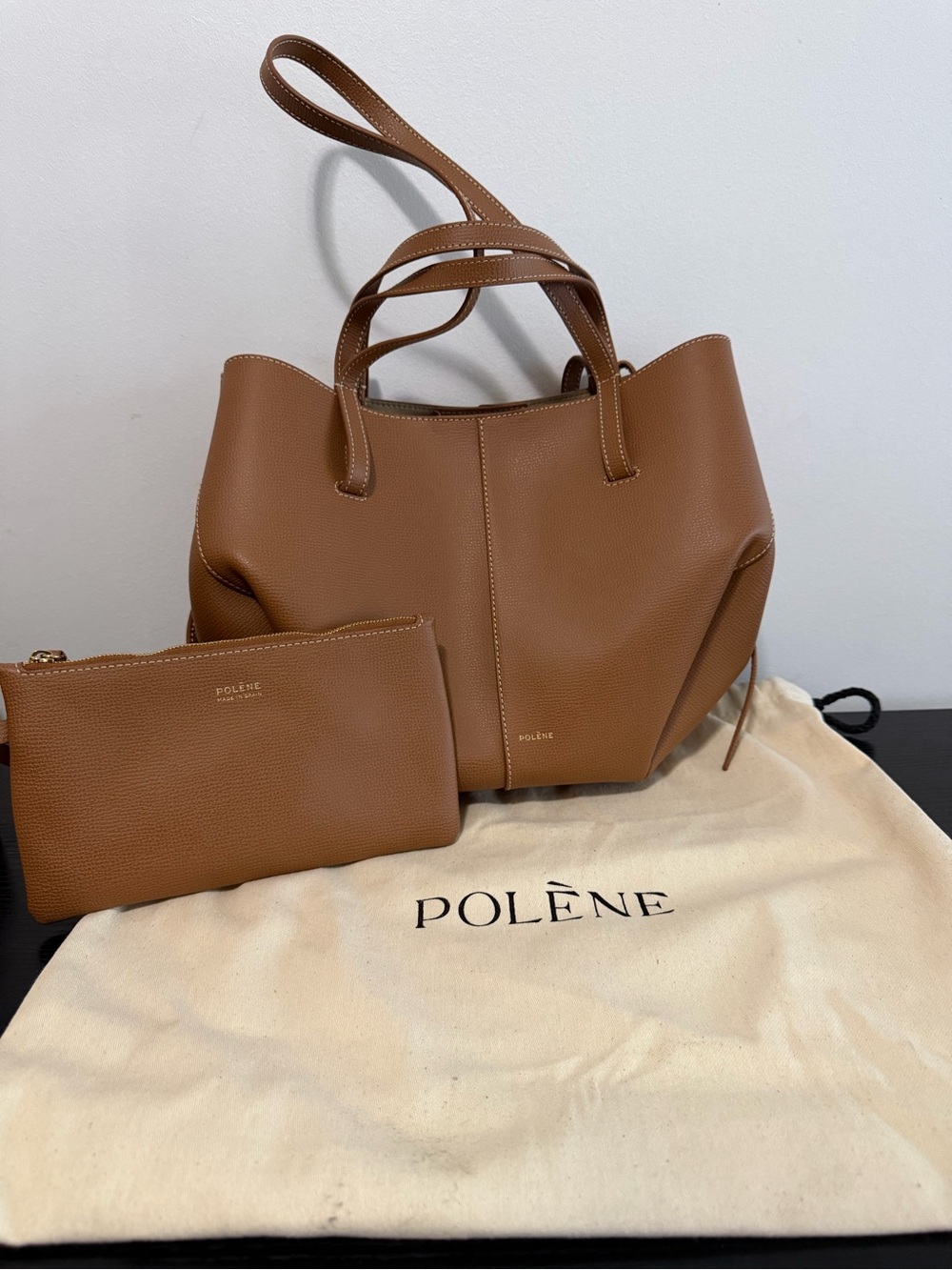 Polène Mini Camel Color  Leather Tote with Detachable Pouch
